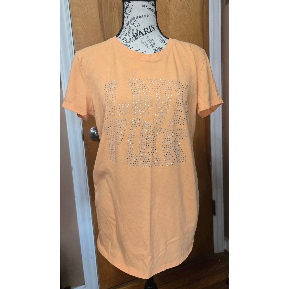 Victoria's Secret PINK Love Pink Rhinestone Graphic T Shirt Womens Medium Peach
